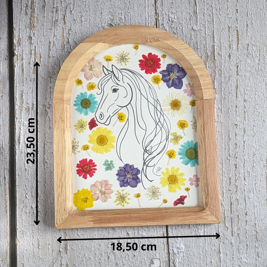 Cadre Faunéa avec dessin imprimé de cheval et fleurs séchées pressées avec indication des dimensions