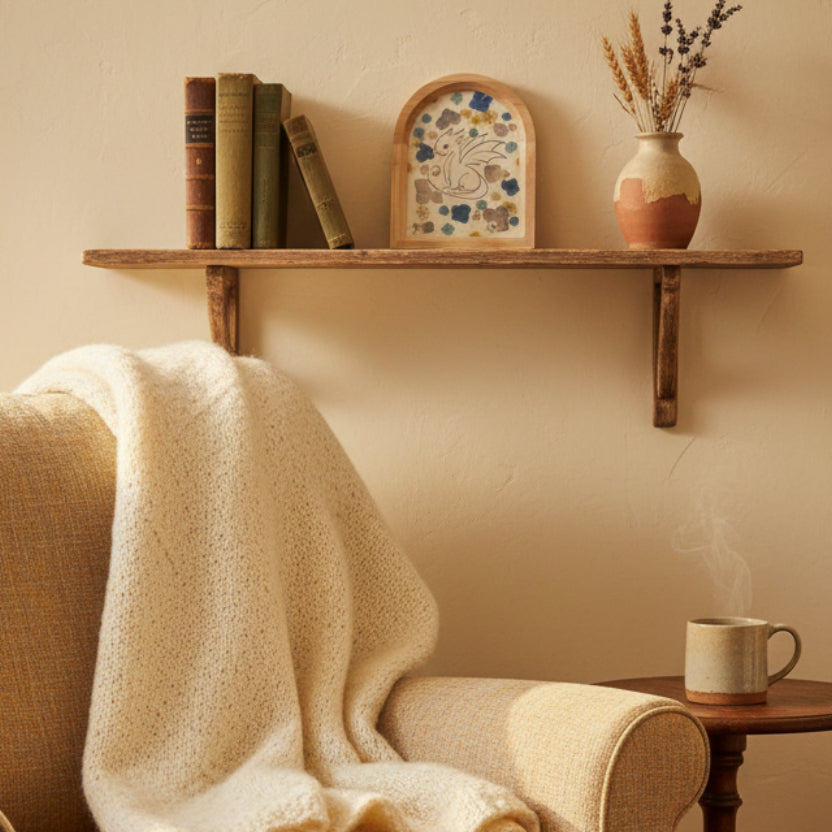 Cadre Faunéa avec illustration de dragon et fleurs séchées présenté en situation dans une décoration intérieure lumineuse