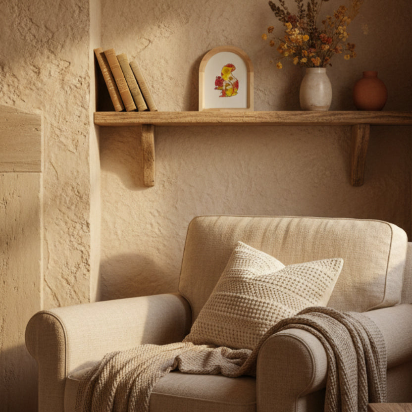 Cadre Faunéa avec illustration d’écureuil et fleurs séchées présenté en situation dans une décoration intérieure lumineuse