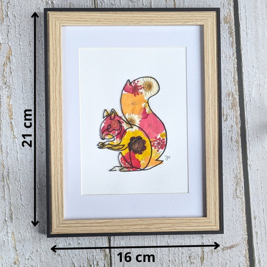 Cadre Faunéa avec dessin sur vitre d’un écureuil et fleurs séchées pressées avec indication des dimensions