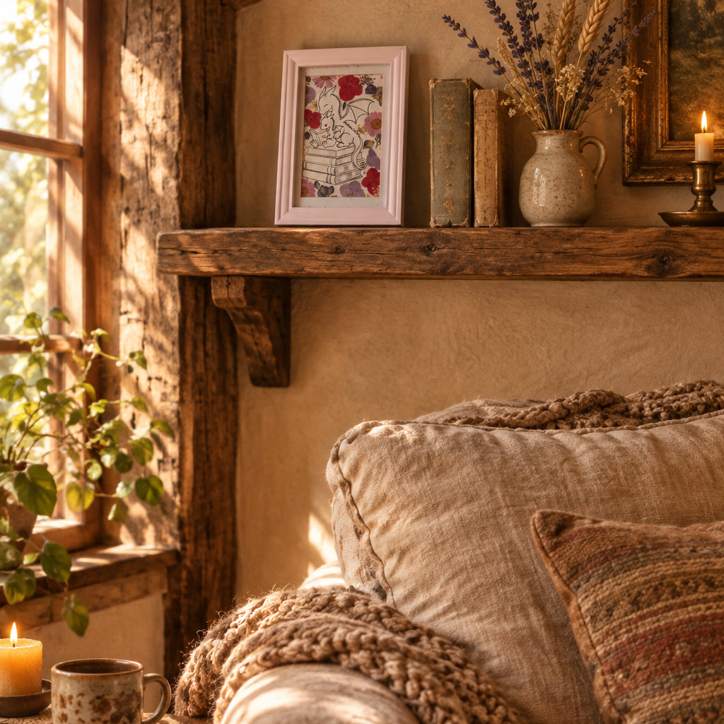 Cadre Histoire du soir mis en situation dans un intérieur, décoration florale avec maman dragon et son petit entourés de fleurs pressées.