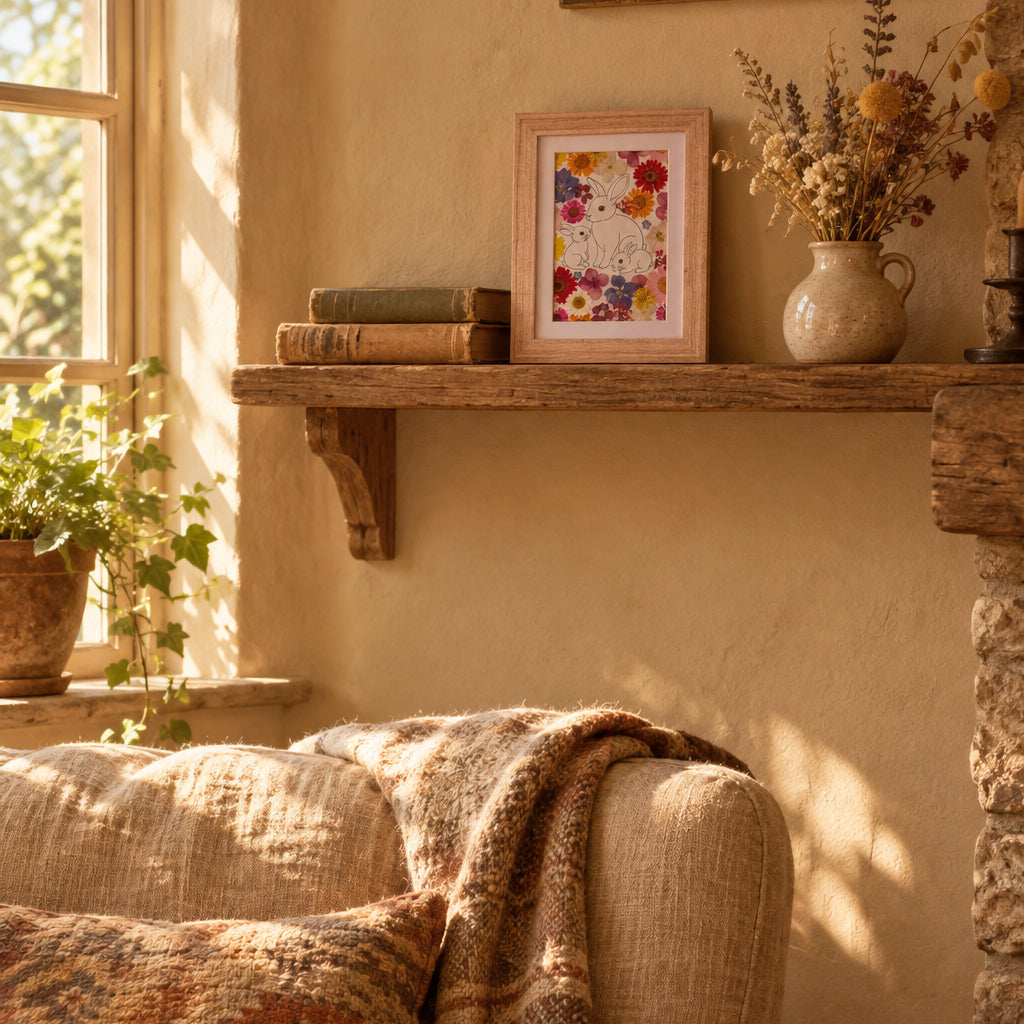 Cadre La famille de Max mis en situation dans un intérieur, décoration murale avec une famille de lapins entourée de véritables fleurs pressées.
