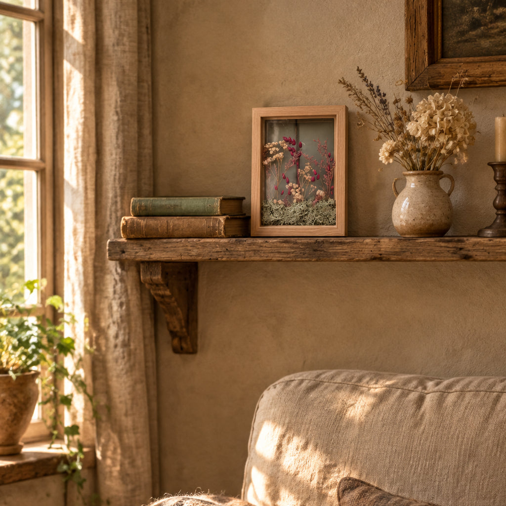 Cadre floral Le Jardin des brumes de la collection Soria mis en situation dans un intérieur, création artisanale en véritables fleurs séchées.