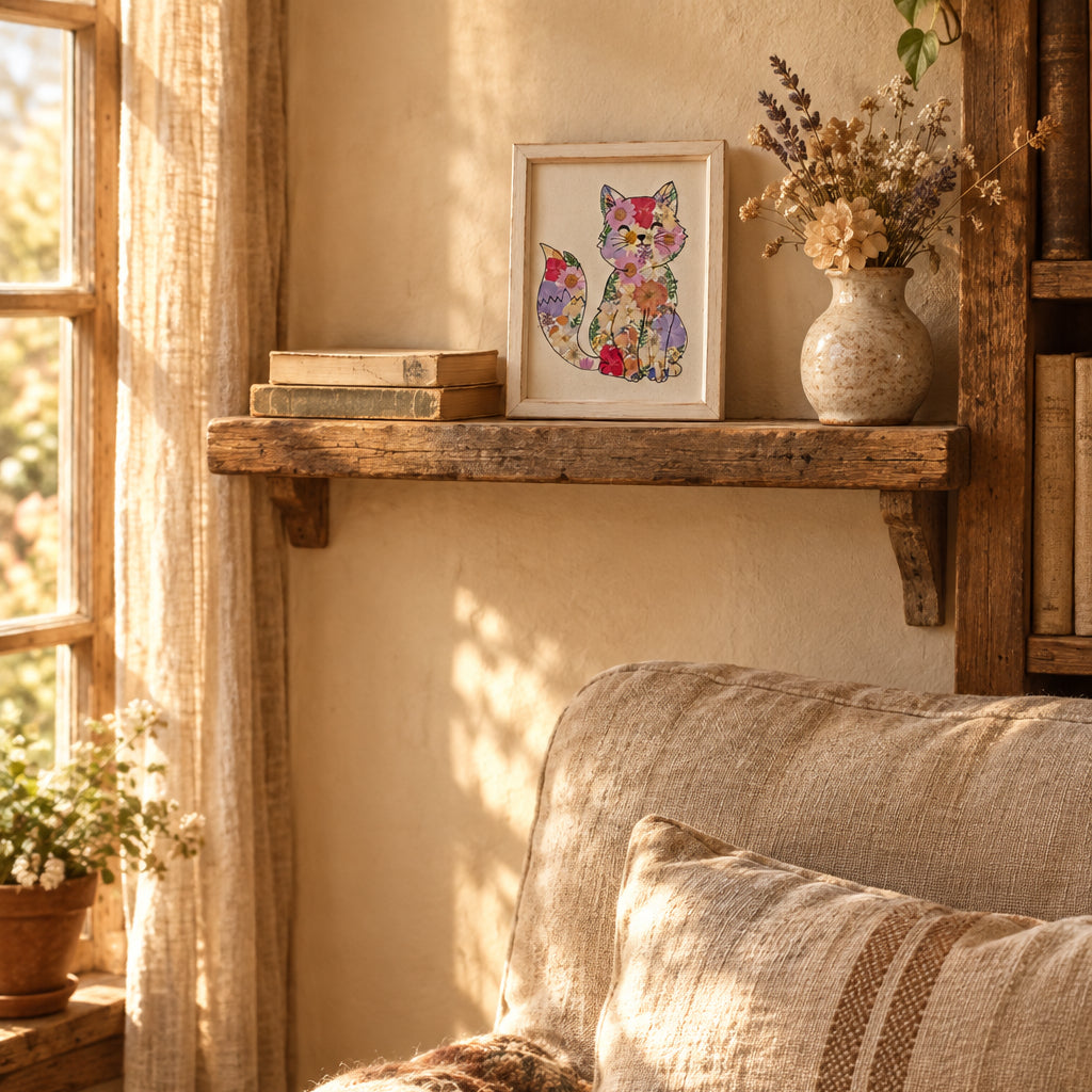 Cadre Néo mis en situation dans un intérieur, décoration murale représentant un chat fleuri de la collection Faunéa.