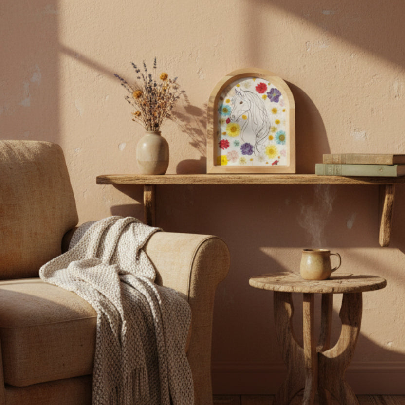 Cadre Faunéa avec illustration de cheval et fleurs séchées présenté en situation dans une décoration intérieure lumineuse