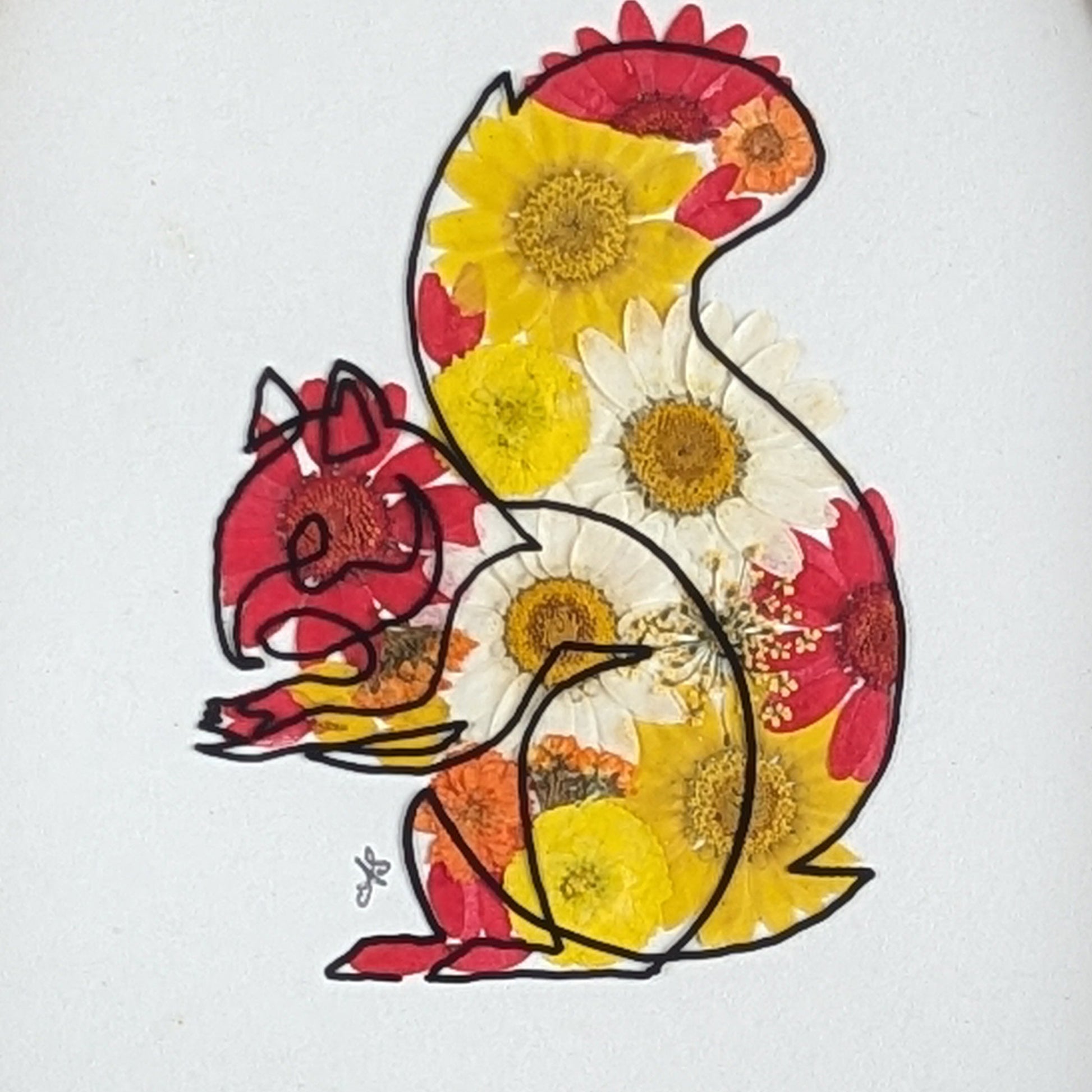 Cadre Faunéa avec dessin imprimé d’écureuil et fleurs séchées pressées avec indication des dimensions