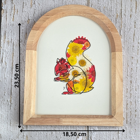 Cadre Faunéa avec dessin imprimé d’écureuil et fleurs séchées pressées avec indication des dimensions