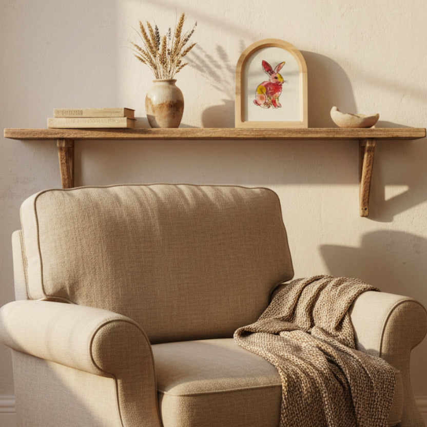 Cadre Faunéa avec illustration de lapin et fleurs séchées présenté en situation dans une décoration intérieure lumineuse