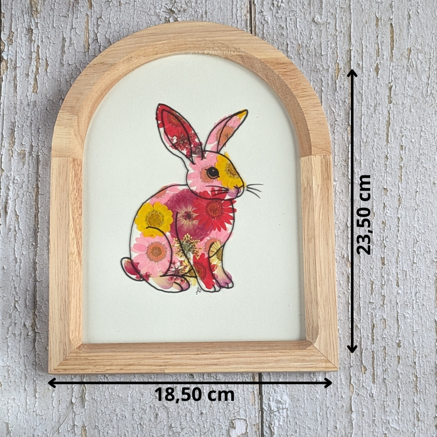Cadre Faunéa avec dessin imprimé de lapin et fleurs séchées pressées avec indication des dimensions