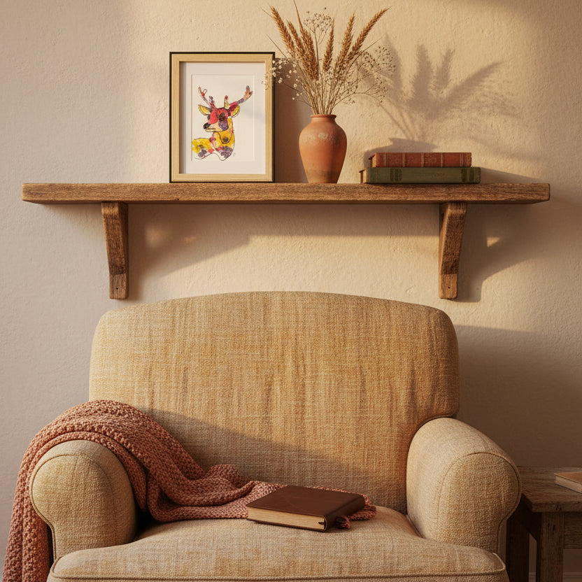 Cadre Faunéa avec illustration de cerf et fleurs séchées présenté en situation dans une décoration intérieure naturelle