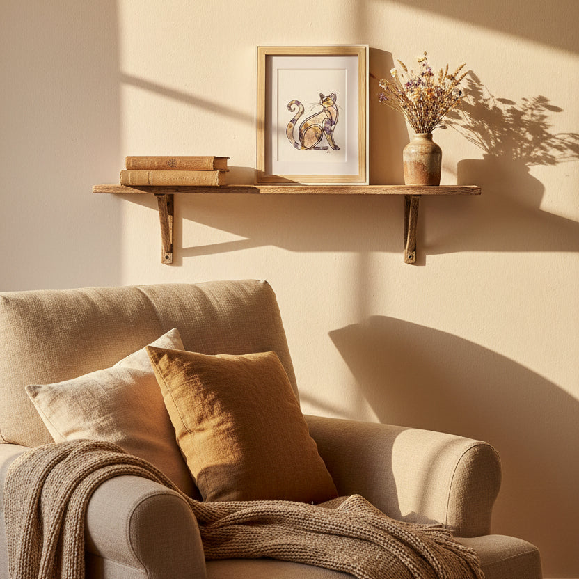 Cadre Faunéa avec illustration de chat et fleurs séchées présenté en situation dans une décoration intérieure lumineuse