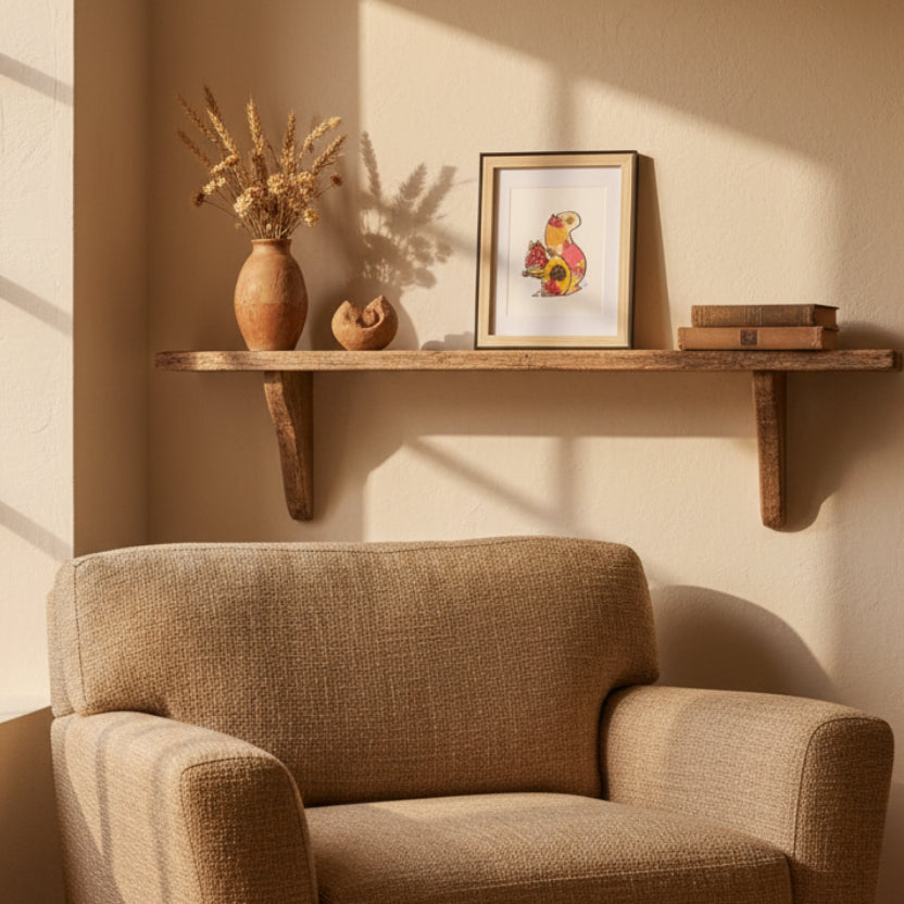 Cadre Faunéa avec dessin sur vitre d’un écureuil présenté en situation dans une décoration intérieure naturelle