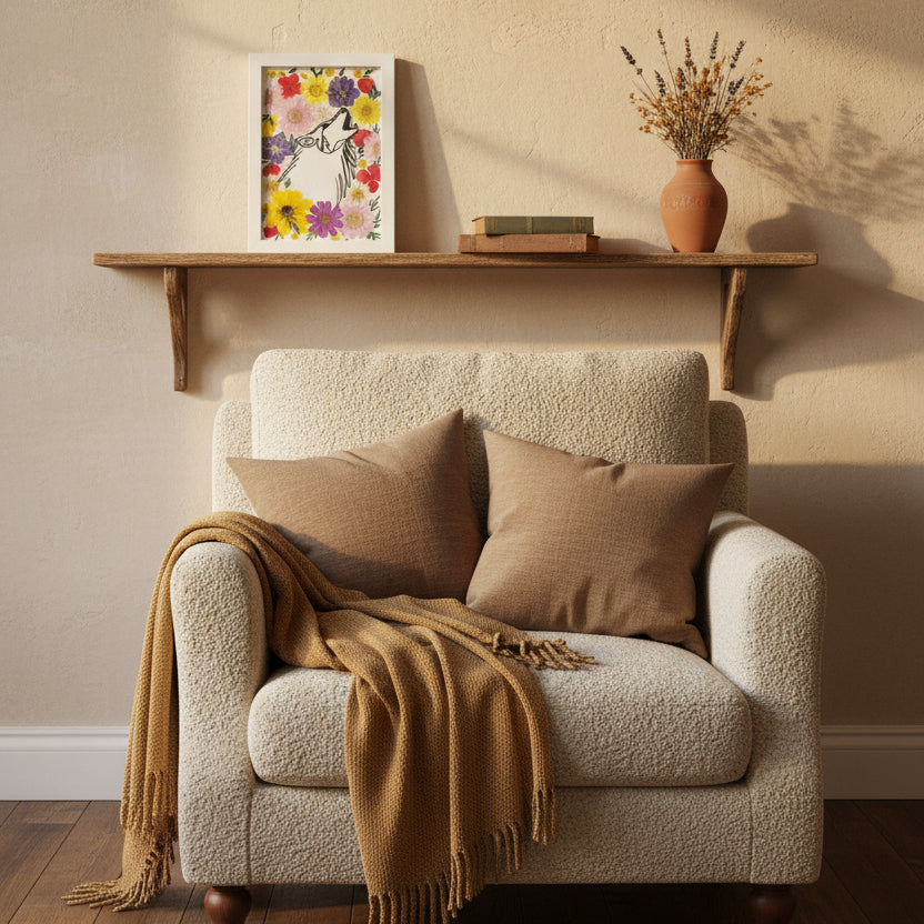 Mise en ambiance du cadre Loup illustré au trait fin noir, entouré de fleurs séchées pressées colorées dans un petit cadre blanc, collection Faunea