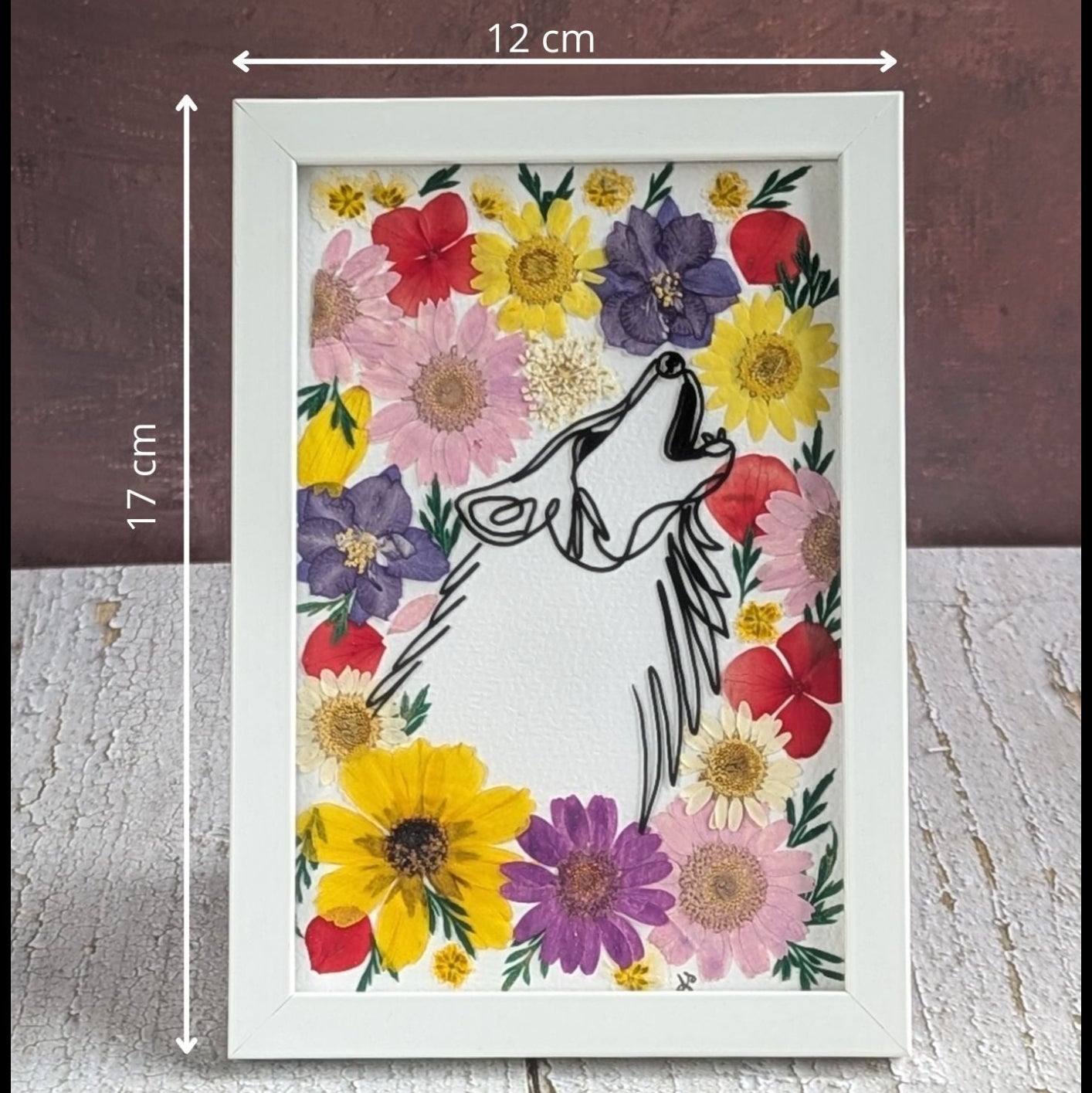 Mesure du cadre Illustration d’un loup au trait fin noir, entouré de fleurs séchées colorées, encadrée, collection Faunea
