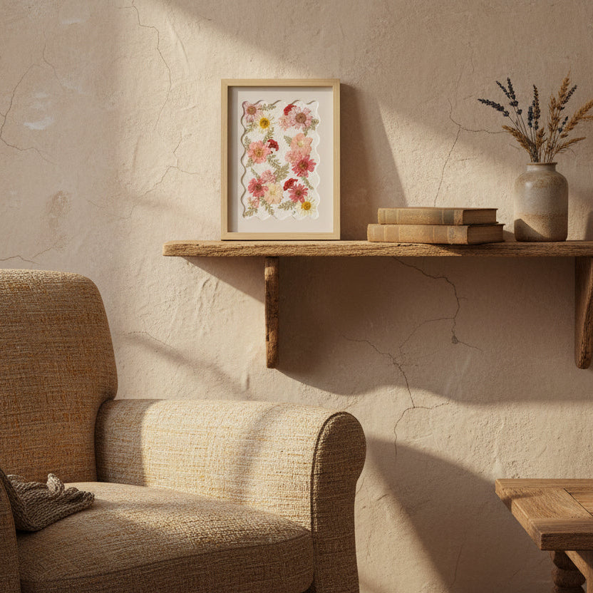 Cadre Florésie en fleurs séchées pressées présenté en situation dans une décoration intérieure.
