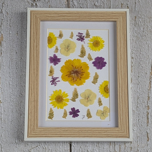 Cadre Florésie avec composition de fleurs séchées pressées jaunes et violettes sur fond clair