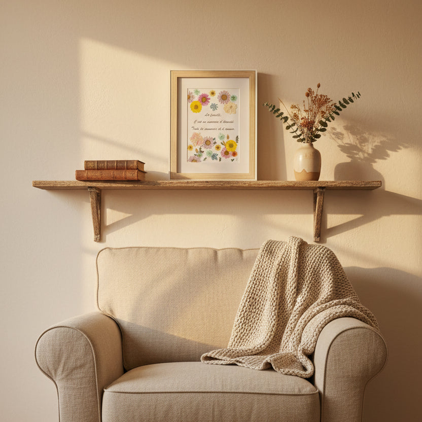 Cadre Florésie avec texte inspirant sur la famille présenté en situation dans une décoration intérieure chaleureuse