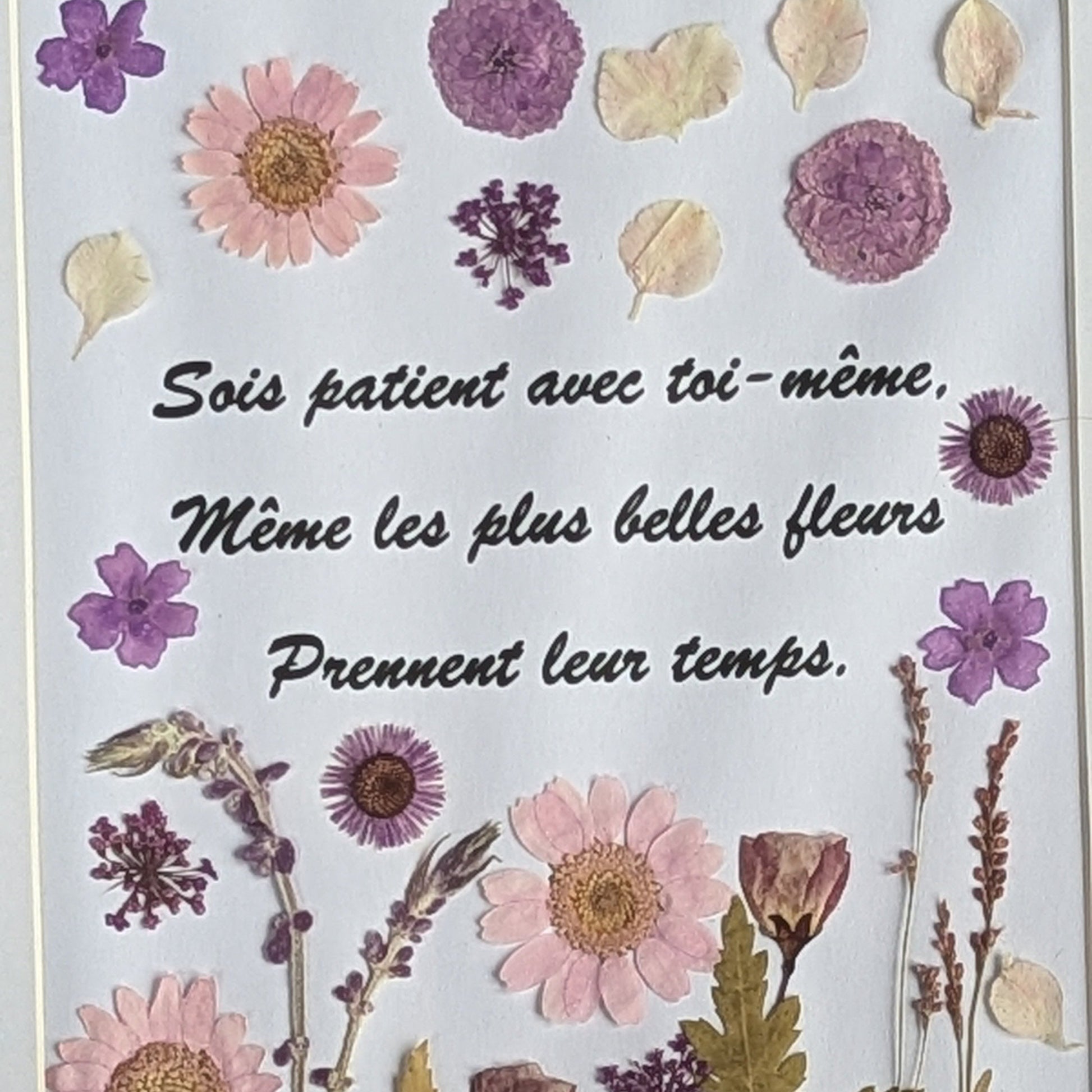 Détail du texte inspirant sur la patience et des fleurs séchées pressées dans un cadre Florésie